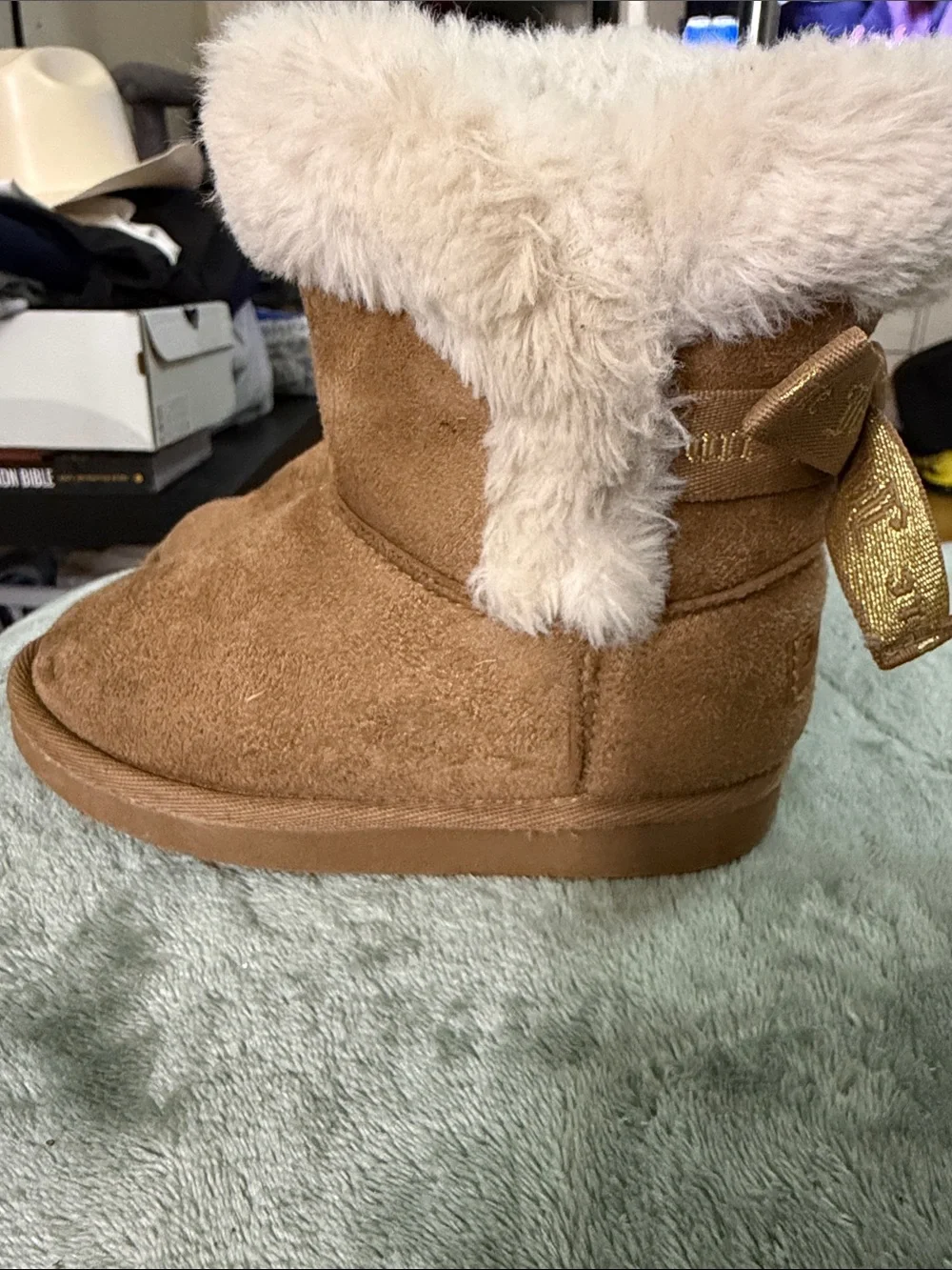 Juicy Couture Girls' Tan Boots with Cream Faux-Shearling Cuff and Branded Ribbon